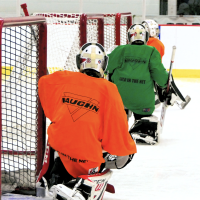 Ice hockey goalies training in Gold in the Net hockey camp